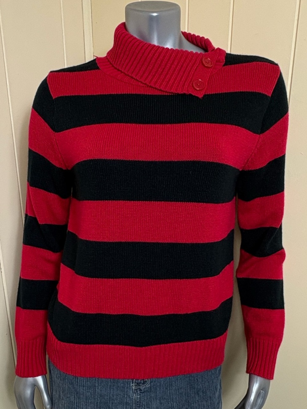 Mountain Lake Sweater cowl Fold over button neck Womens L Red Black Stripe